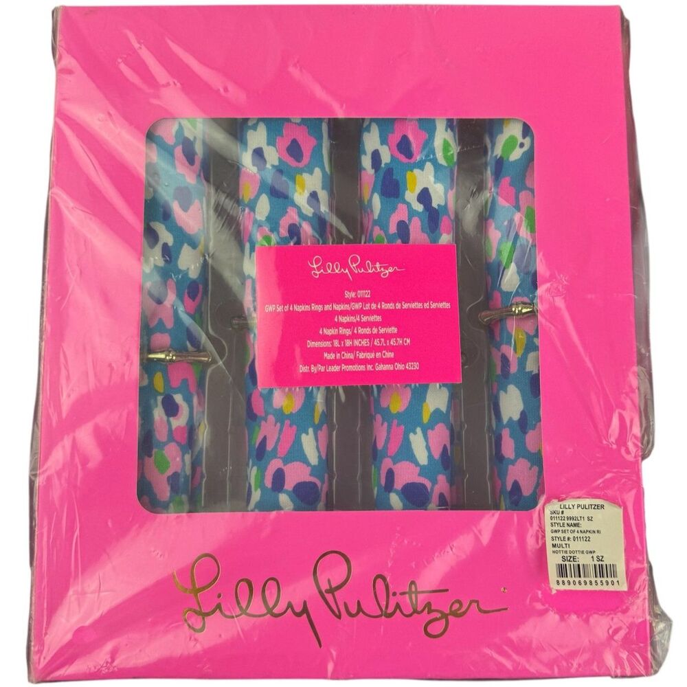 Lilly Pulitzer 4 Cloth Napkins w/Gold Bamboo Rings Set Multi Hottie Dottie NEW
